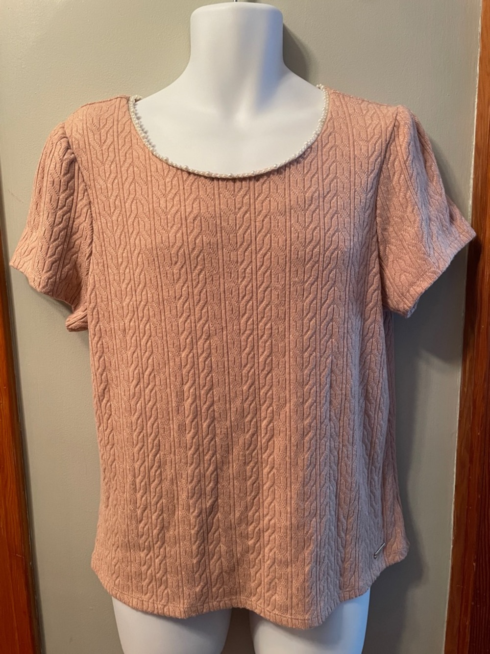 BADGLEY MISCHKA Blush Pink Short-Sleeve Pearl Trim Luxury Old Money Knit Top